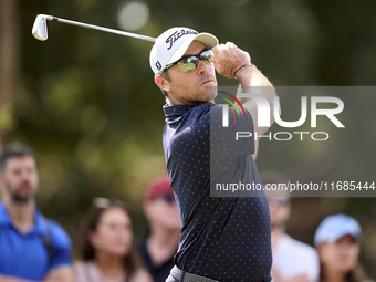 Julien Guerrier of France tees off on the 5th hole on the fourth day of the Estrella Damm N.A. Andalucia Masters 2024 at Real Club de Golf S...