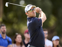 Julien Guerrier of France tees off on the 5th hole on the fourth day of the Estrella Damm N.A. Andalucia Masters 2024 at Real Club de Golf S...