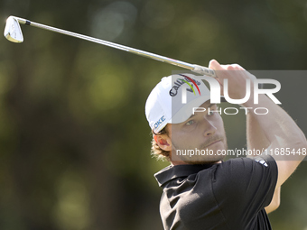 Rasmus Hojgaard of Denmark tees off on the 5th hole on the fourth day of the Estrella Damm N.A. Andalucia Masters 2024 at Real Club de Golf...