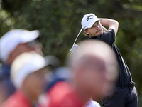 Rasmus Hojgaard of Denmark tees off on the 9th hole on the fourth day of the Estrella Damm N.A. Andalucia Masters 2024 at Real Club de Golf...