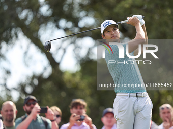 Johannes Veerman of the USA tees off on the 9th hole on the fourth day of the Estrella Damm N.A. Andalucia Masters 2024 at Real Club de Golf...