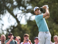 Johannes Veerman of the USA tees off on the 9th hole on the fourth day of the Estrella Damm N.A. Andalucia Masters 2024 at Real Club de Golf...