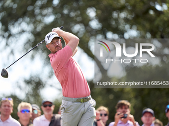 Jacques Kruyswijk of South Africa tees off on the 9th hole on the fourth day of the Estrella Damm N.A. Andalucia Masters 2024 at Real Club d...