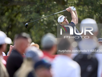 Julien Guerrier of France tees off on the 9th hole on the fourth day of the Estrella Damm N.A. Andalucia Masters 2024 at Real Club de Golf S...