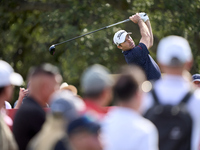 Julien Guerrier of France tees off on the 9th hole on the fourth day of the Estrella Damm N.A. Andalucia Masters 2024 at Real Club de Golf S...