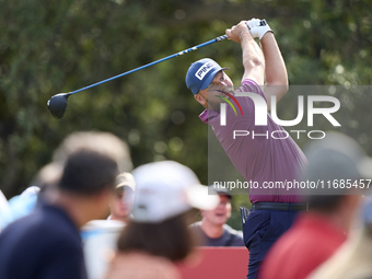 Daniel Brown of England tees off on the 9th hole on the fourth day of the Estrella Damm N.A. Andalucia Masters 2024 at Real Club de Golf Sot...