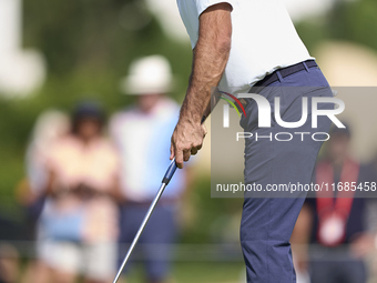 In San Roque, Spain, on October 12, 2024, Jorge Campillo of Spain plays a shot on the 8th green on the fourth day of the Estrella Damm N.A....