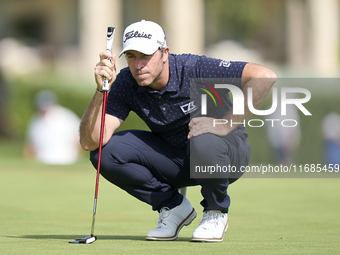 Julien Guerrier of France studies his shot on the 8th green on the fourth day of the Estrella Damm N.A. Andalucia Masters 2024 at Real Club...