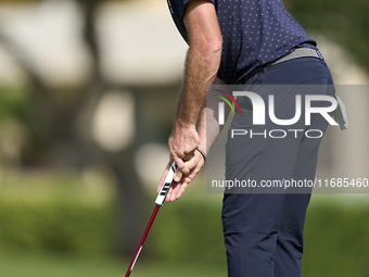 Julien Guerrier of France plays a shot on the 8th green on the fourth day of the Estrella Damm N.A. Andalucia Masters 2024 at Real Club de G...