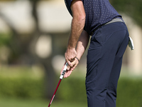 Julien Guerrier of France plays a shot on the 8th green on the fourth day of the Estrella Damm N.A. Andalucia Masters 2024 at Real Club de G...