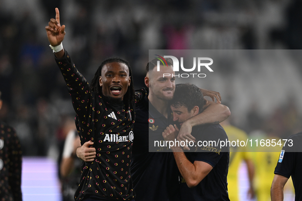 Khephren Thuram of Juventus FC, Federico Gatti of Juventus FC, and Andrea Cambiaso of Juventus FC celebrate after winning during the Juventu...