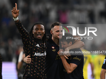 Khephren Thuram of Juventus FC, Federico Gatti of Juventus FC, and Andrea Cambiaso of Juventus FC celebrate after winning during the Juventu...