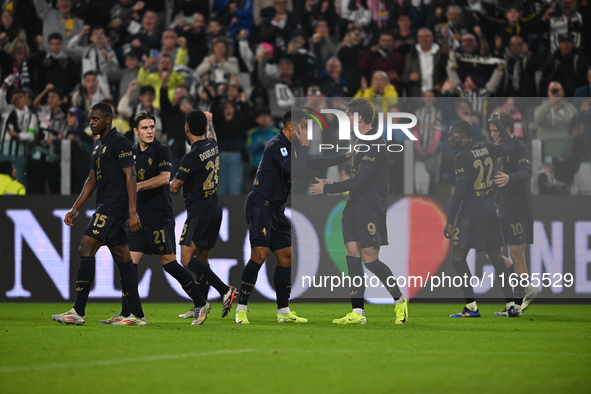 Dusan Vlahovic of Juventus FC celebrates after scoring his team's first goal during the Juventus FC vs. SS Lazio match, the 8th round of the...