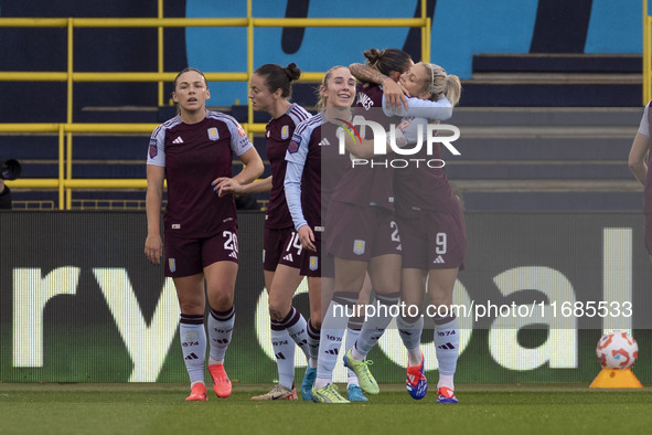 Gabi Nunes #28 of Aston Villa W.F.C celebrates her goal with teammates during the Barclays FA Women's Super League match between Manchester...