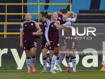 Gabi Nunes #28 of Aston Villa W.F.C celebrates her goal with teammates during the Barclays FA Women's Super League match between Manchester...