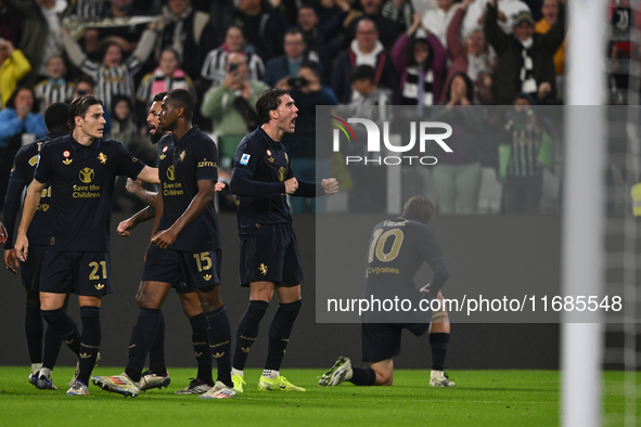 Dusan Vlahovic of Juventus FC celebrates after scoring his team's first goal during the Juventus FC vs. SS Lazio match, the 8th round of the...