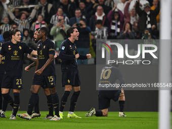 Dusan Vlahovic of Juventus FC celebrates after scoring his team's first goal during the Juventus FC vs. SS Lazio match, the 8th round of the...