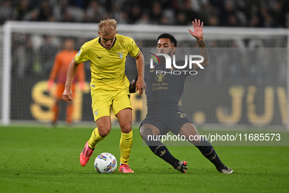 Gustav Isaksen of SS Lazio is in action during the Juventus FC vs. SS Lazio match, the 8th round of the Italian Lega Serie A Enilive 24/25,...