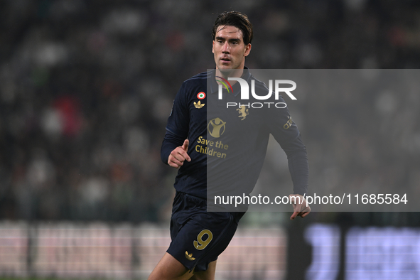 Dusan Vlahovic of Juventus FC is in action during the match between Juventus FC and SS Lazio, the 8th round of the Italian Lega Serie A Enil...