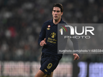 Dusan Vlahovic of Juventus FC is in action during the match between Juventus FC and SS Lazio, the 8th round of the Italian Lega Serie A Enil...