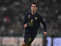 Dusan Vlahovic of Juventus FC is in action during the match between Juventus FC and SS Lazio, the 8th round of the Italian Lega Serie A Enil...