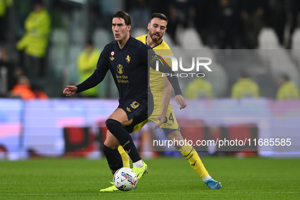 Dusan Vlahovic of Juventus FC is in action during the match between Juventus FC and SS Lazio, the 8th round of the Italian Lega Serie A Enil...