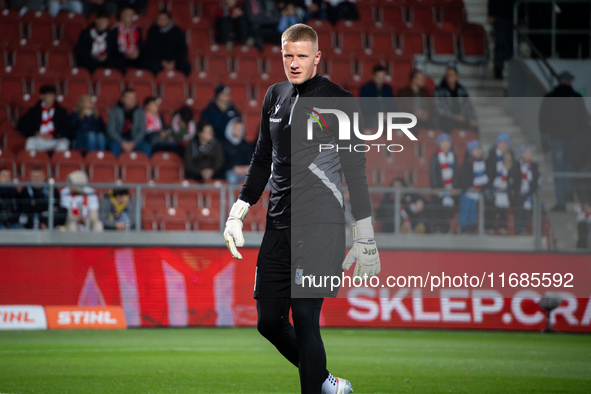 Goalkeeper Bartosz Mrozek warms up before the game between KS Cracovia and Lech Poznan in Krakow, Poland, on October 19, 2024. PKO BP Ekstra...