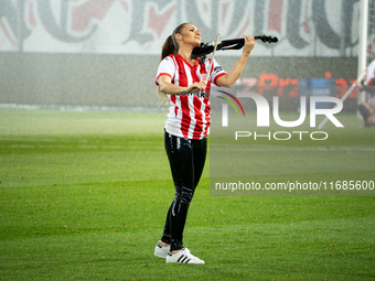 Violinist Agnieszka Matusik performs before the game between KS Cracovia and Lech Poznan in Krakow, Poland, on October 19, 2024, during the...