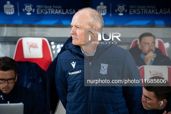 Lech Poznan coach Niels Frederiksen is present during the game between KS Cracovia and Lech Poznan in Krakow, Poland, on October 19, 2024. T...