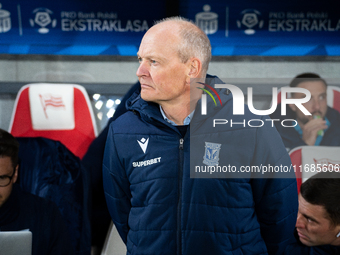 Lech Poznan coach Niels Frederiksen is present during the game between KS Cracovia and Lech Poznan in Krakow, Poland, on October 19, 2024. T...