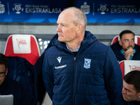 Lech Poznan coach Niels Frederiksen is present during the game between KS Cracovia and Lech Poznan in Krakow, Poland, on October 19, 2024. T...