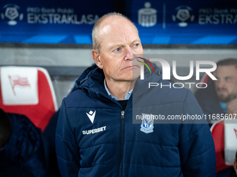 Lech Poznan coach Niels Frederiksen is present during the game between KS Cracovia and Lech Poznan in Krakow, Poland, on October 19, 2024. T...