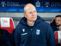 Lech Poznan coach Niels Frederiksen is present during the game between KS Cracovia and Lech Poznan in Krakow, Poland, on October 19, 2024. T...