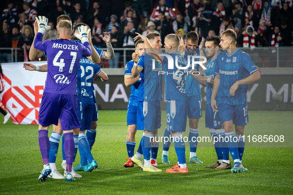 Lech Poznan players celebrate scoring a goal in a game between KS Cracovia and Lech Poznan in Krakow, Poland, on October 19, 2024. This is a...