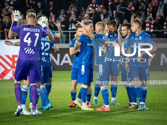 Lech Poznan players celebrate scoring a goal in a game between KS Cracovia and Lech Poznan in Krakow, Poland, on October 19, 2024. This is a...