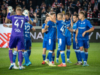 Lech Poznan players celebrate scoring a goal in a game between KS Cracovia and Lech Poznan in Krakow, Poland, on October 19, 2024. This is a...