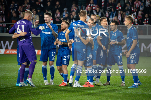 Lech Poznan players celebrate scoring a goal in a game between KS Cracovia and Lech Poznan in Krakow, Poland, on October 19, 2024. This is a...