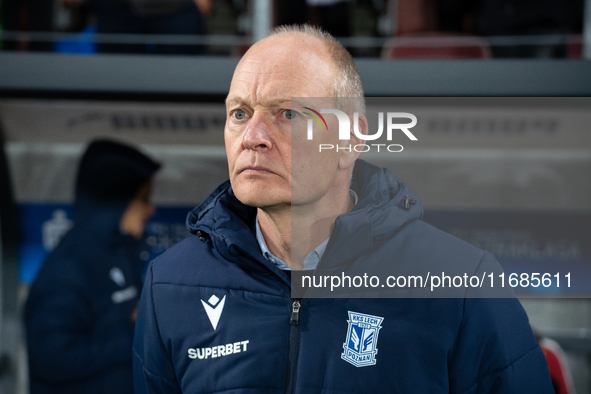 Lech Poznan coach Niels Frederiksen is present during the game between KS Cracovia and Lech Poznan in Krakow, Poland, on October 19, 2024. T...