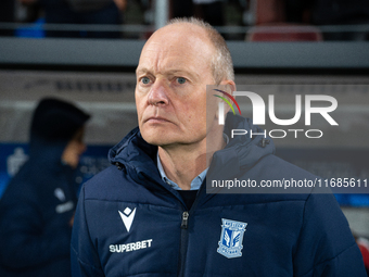 Lech Poznan coach Niels Frederiksen is present during the game between KS Cracovia and Lech Poznan in Krakow, Poland, on October 19, 2024. T...