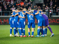 The Lech Poznan team huddles during the game between KS Cracovia and Lech Poznan in Krakow, Poland, on October 19, 2024. This is a PKO BP Ek...