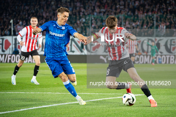 Joel Pereira and Filip Rozga participate in the game between KS Cracovia and Lech Poznan in Krakow, Poland, on October 19, 2024. This is a P...