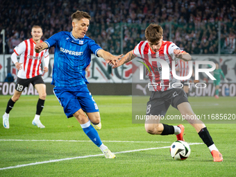 Joel Pereira and Filip Rozga participate in the game between KS Cracovia and Lech Poznan in Krakow, Poland, on October 19, 2024. This is a P...