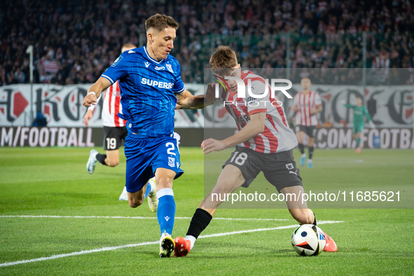 Joel Pereira and Filip Rozga participate in the game between KS Cracovia and Lech Poznan in Krakow, Poland, on October 19, 2024. This is a P...