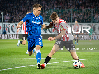 Joel Pereira and Filip Rozga participate in the game between KS Cracovia and Lech Poznan in Krakow, Poland, on October 19, 2024. This is a P...