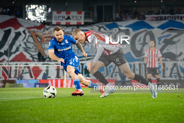 David Olafsson and Dino Hotic participate in the game between KS Cracovia and Lech Poznan in Krakow, Poland, on October 19, 2024. PKO BP Eks...