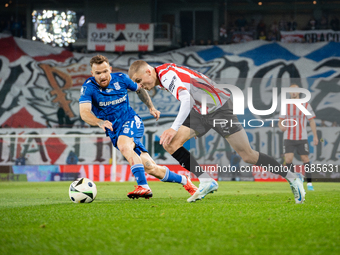 David Olafsson and Dino Hotic participate in the game between KS Cracovia and Lech Poznan in Krakow, Poland, on October 19, 2024. PKO BP Eks...