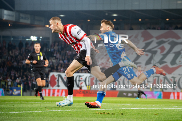 David Olafsson and Dino Hotic participate in the game between KS Cracovia and Lech Poznan in Krakow, Poland, on October 19, 2024. PKO BP Eks...