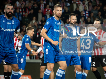 Lech Poznan players participate in the game between KS Cracovia and Lech Poznan in Krakow, Poland, on October 19, 2024. This is a PKO BP Eks...