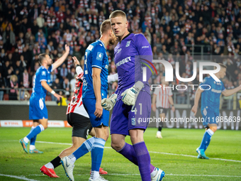 Goalkeeper Bartosz Mrozek participates in the game between KS Cracovia and Lech Poznan in Krakow, Poland, on October 19, 2024. PKO BP Ekstra...