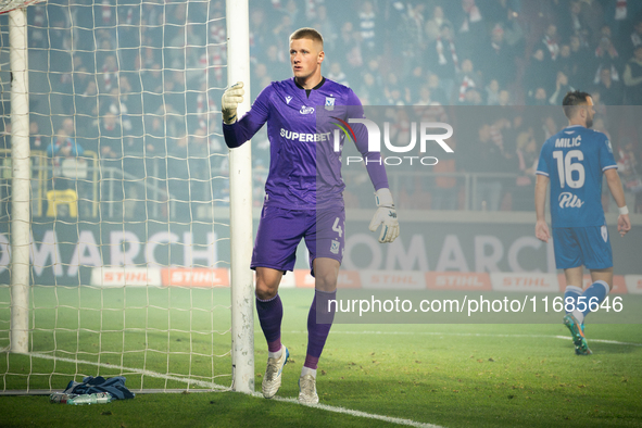 Goalkeeper Bartosz Mrozek participates in the game between KS Cracovia and Lech Poznan in Krakow, Poland, on October 19, 2024. PKO BP Ekstra...